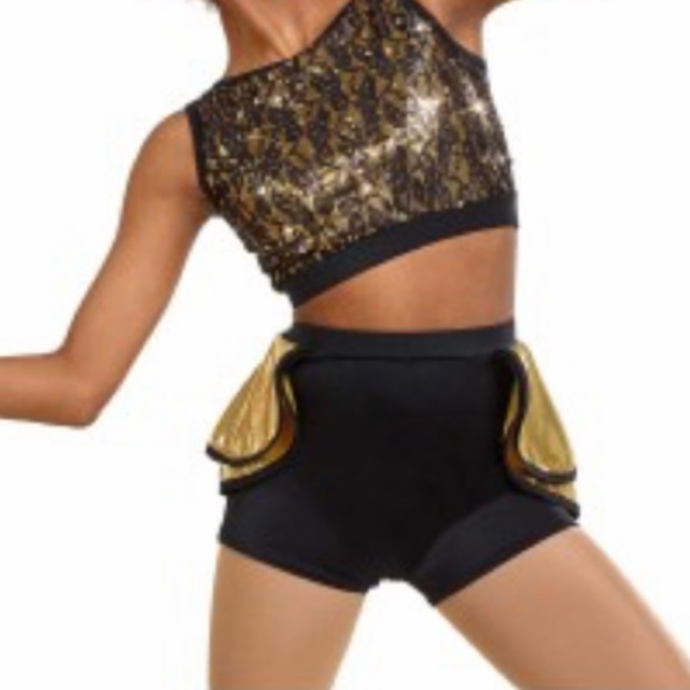 Two-piece dance competition costume and headpiece
